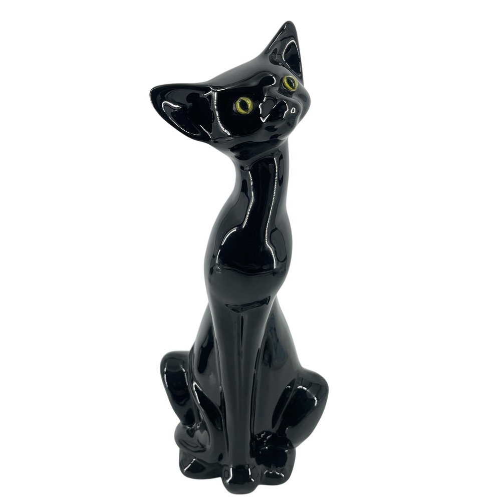 Vintage Glossy Black Cat Figurine Mid Century Style Signed SJ